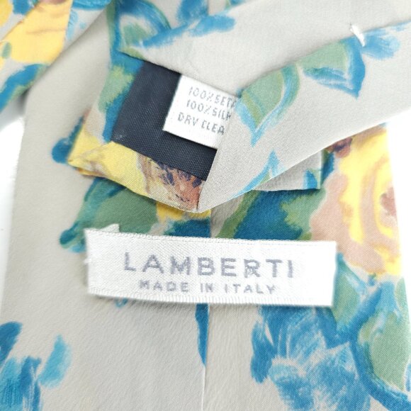 Lamberti Men Necktie Floral 100% Silk Gray Blue Yellow 57x3.5 - NWOT - Italy - Picture 3 of 5